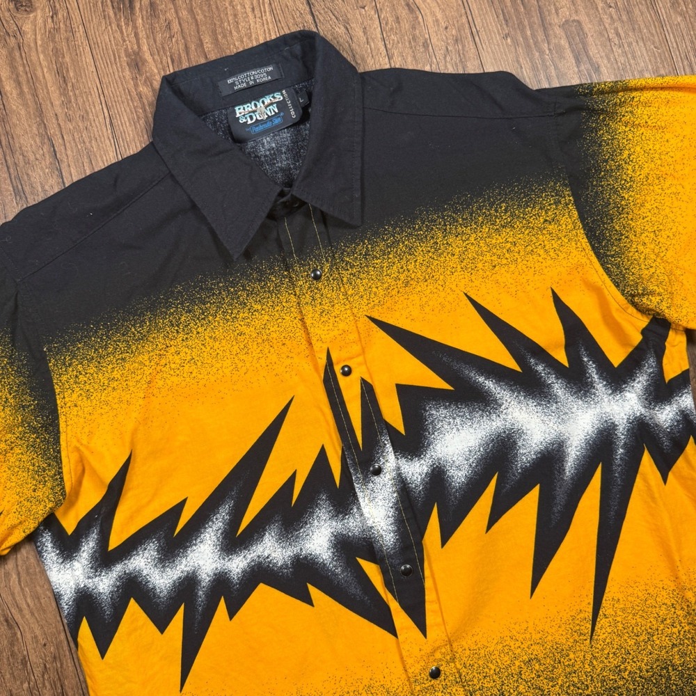 Vtg Brooks & Dunn Lightning Pearl Snap Shirt Mens L Yellow Black Western Cowboy